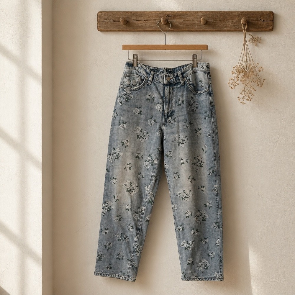 Wild Fable Floral Print High Rise Relaxed Straight Leg Jeans Light Wash Blue 12